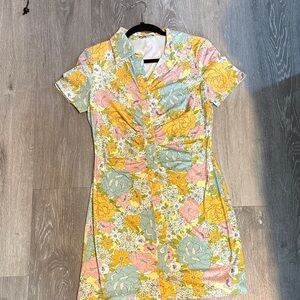 Wayf Yellow, Pink & Sage Floral Button-Front Mini Dress